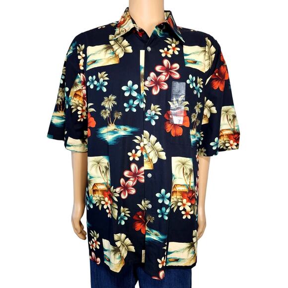 New Pierre Cardin Mens Black Short Sleeve Button Up Hawaiian Shirt Sz XXL - Picture 1 of 6